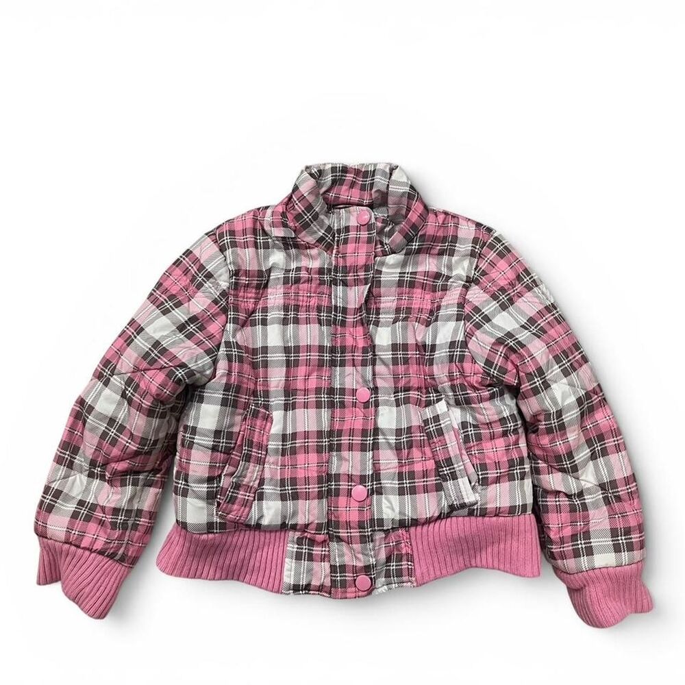Dollhouse Pink Plaid Hooded Puffer Jacket Y2K McBling Winter Coat 6X